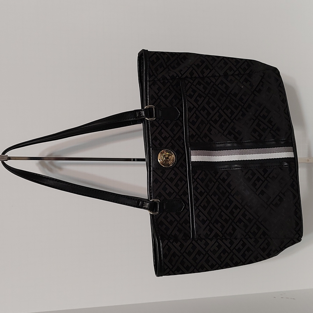 Tommy Hilfiger Black Canvas & Faux Leather Satchel Bag